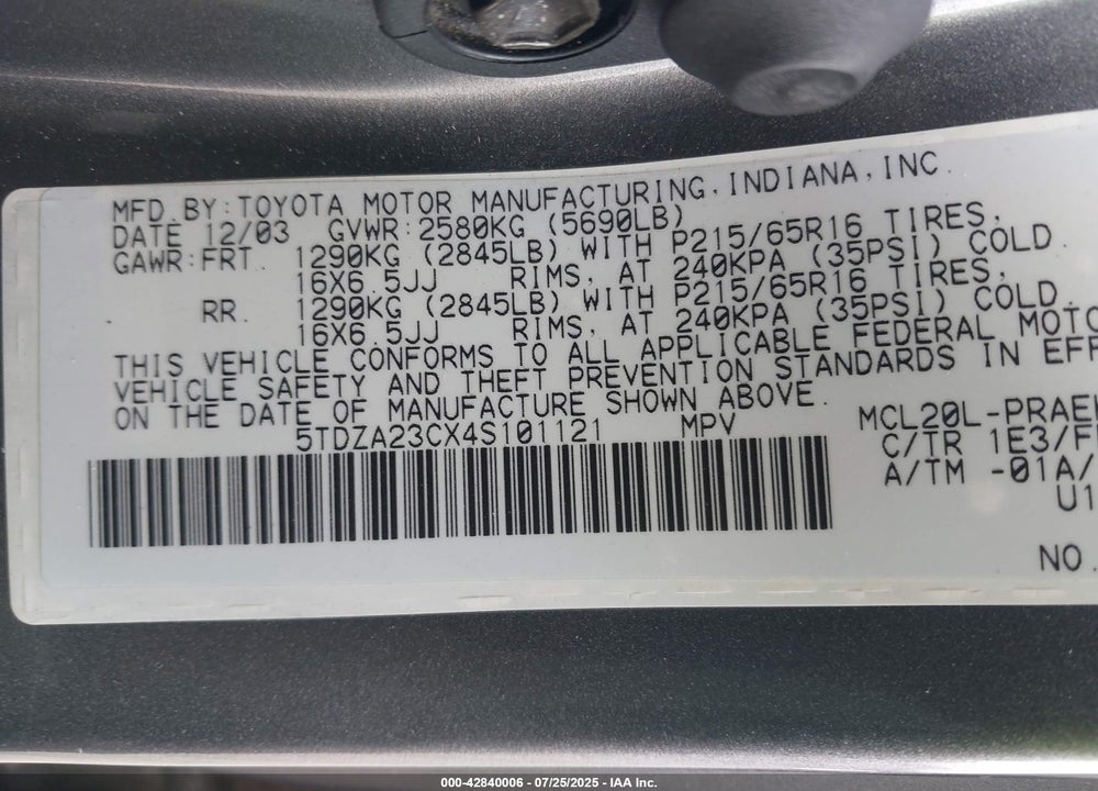 2004 TOYOTA SIENNA VIN: 5TDZA23CX4S101121