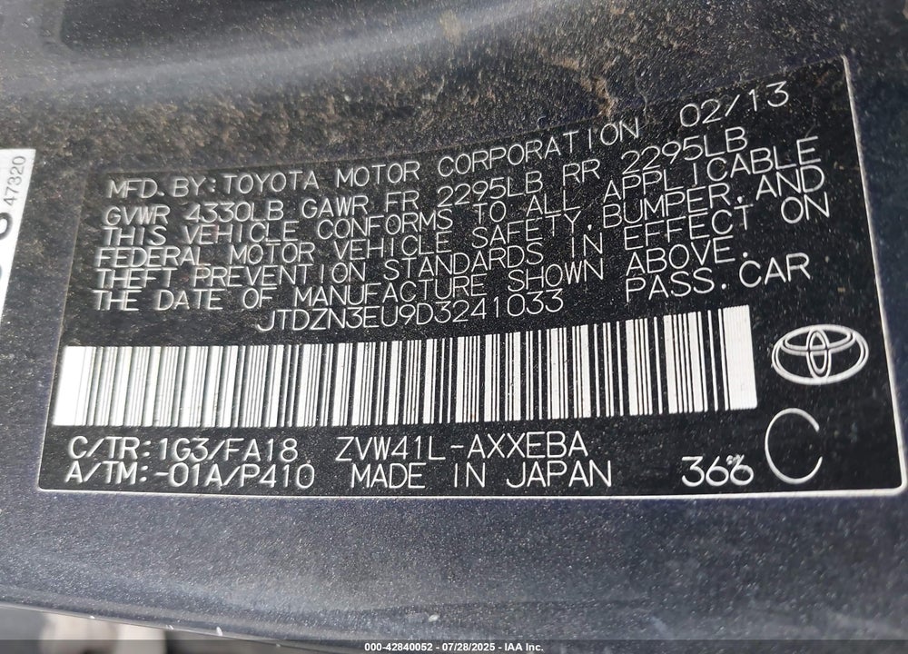 2013 TOYOTA PRIUS V VIN: JTDZN3EU9D3241033