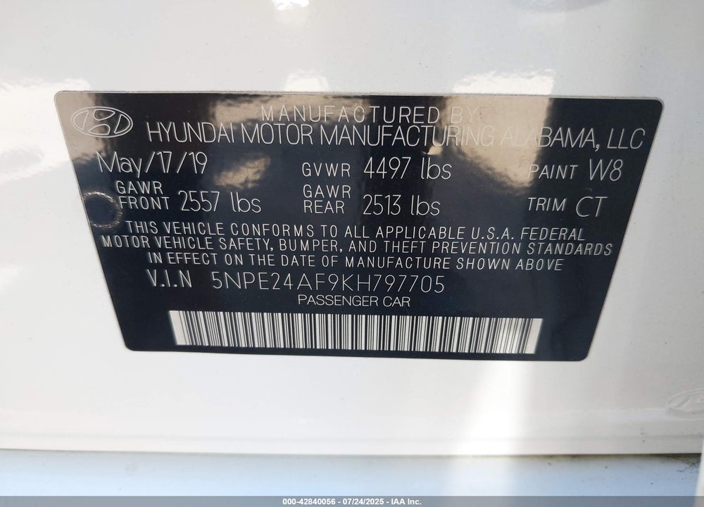 2019 HYUNDAI SONATA VIN: 5NPE24AF9KH797705