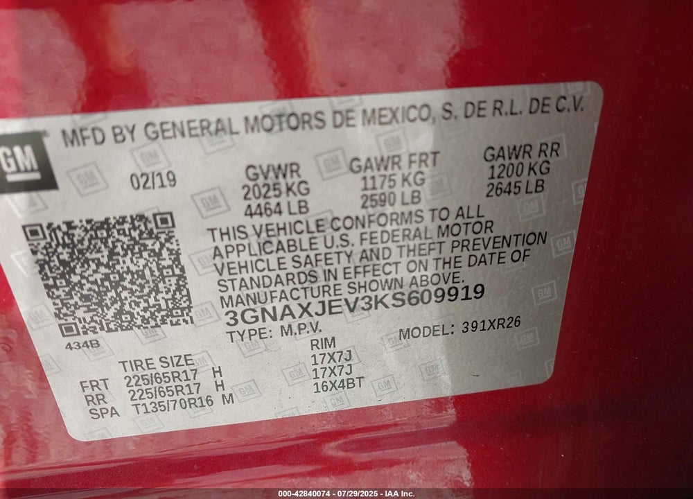 2019 CHEVROLET EQUINOX VIN: 3GNAXJEV3KS609919