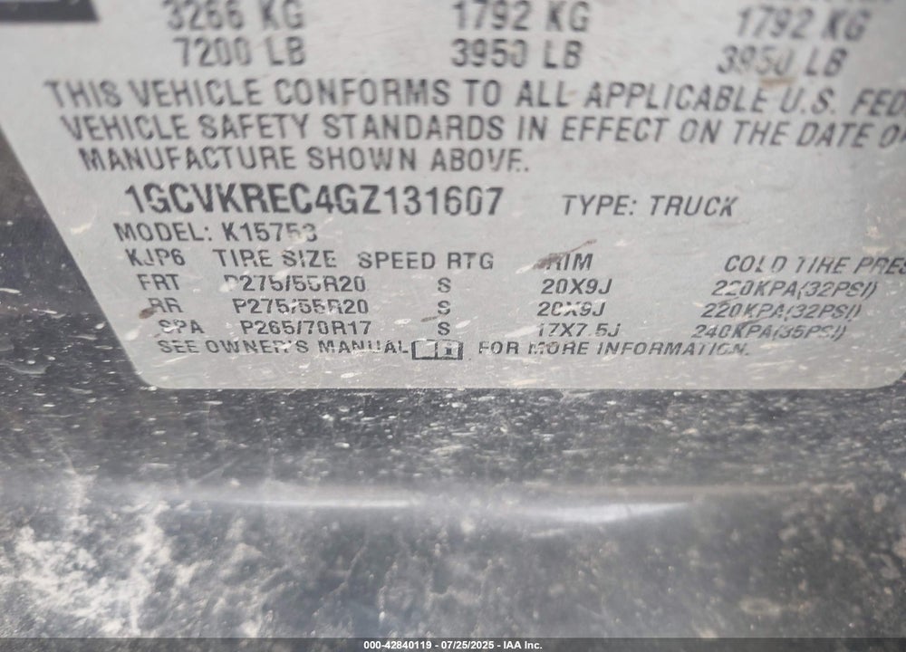 2016 CHEVROLET SILVERADO 1500 VIN: 1GCVKREC4GZ131607