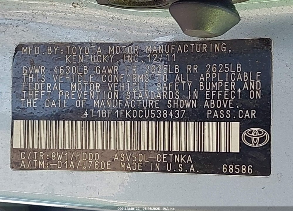 2012 TOYOTA CAMRY VIN: 4T1BF1FK0CU538437