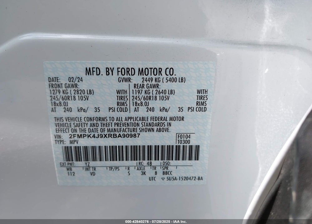 2024 FORD EDGE VIN: 2FMPK4J9XRBA90987