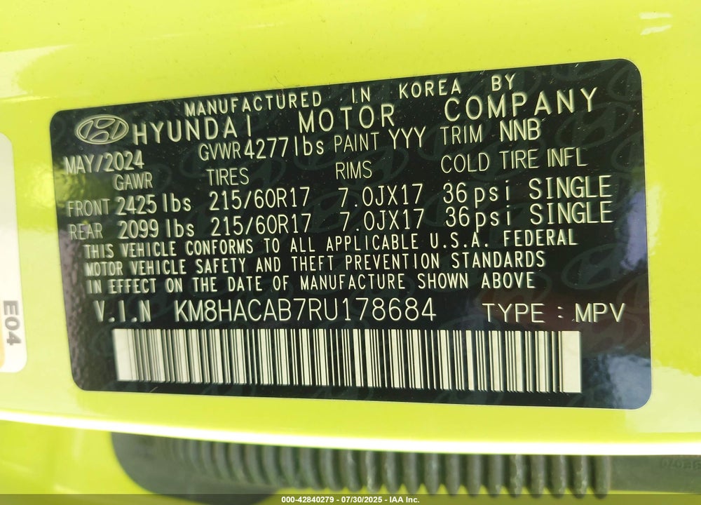 2024 HYUNDAI KONA VIN: KM8HACAB7RU178684