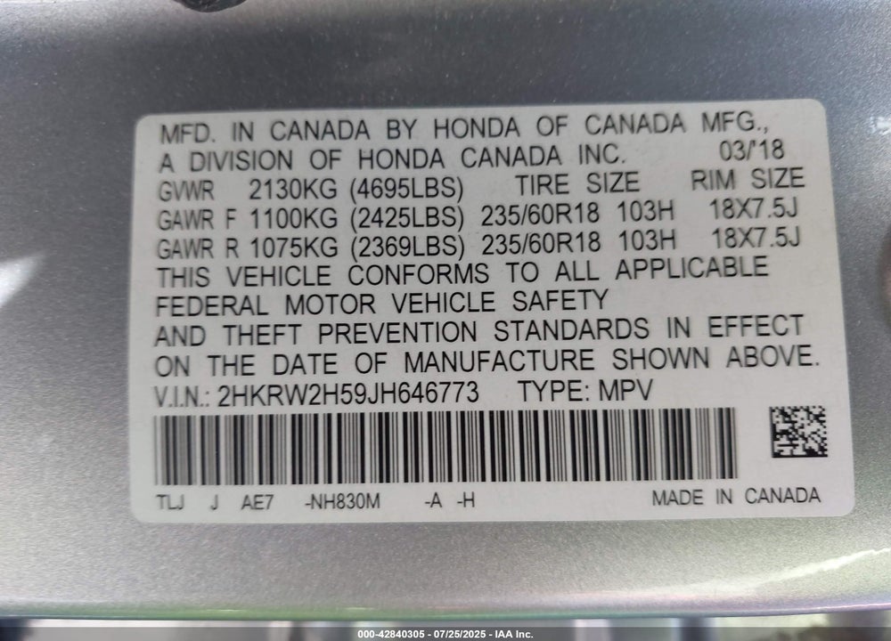 2018 HONDA CR-V EX VIN: 2HKRW2H59JH646773