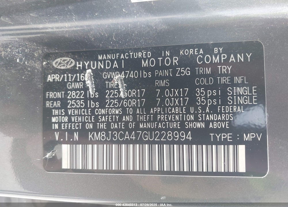 2016 HYUNDAI TUCSON SE VIN: KM8J3CA47GU228994