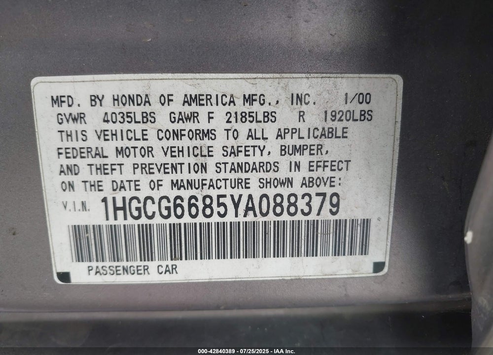 2000 HONDA ACCORD VIN: 1HGCG6685YA088379