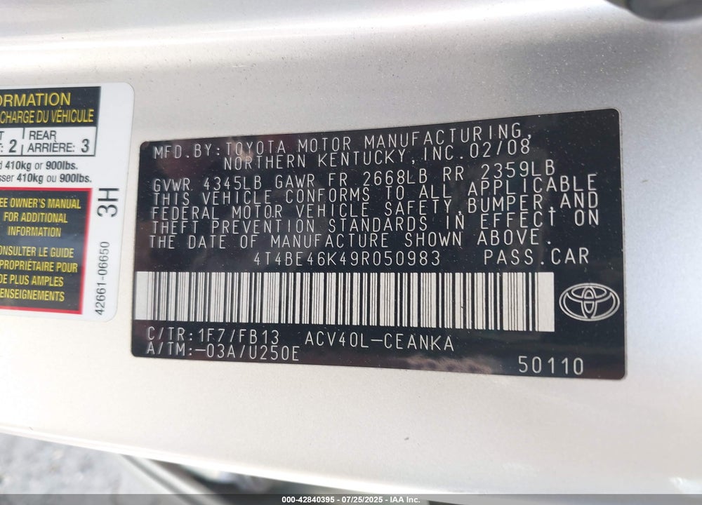 2009 TOYOTA CAMRY VIN: 4T4BE46K49R050983