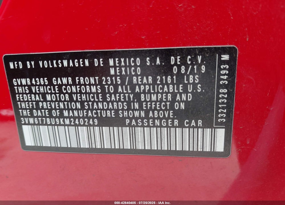 2019 VOLKSWAGEN JETTA VIN: 3VW6T7BU9KM240249