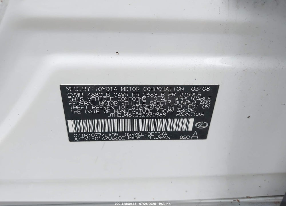 2008 LEXUS ES 350 VIN: JTHBJ46G282232888