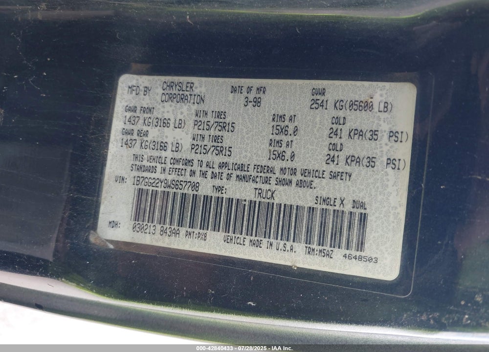 1998 DODGE DAKOTA VIN: 1B7GG22Y9WS657708