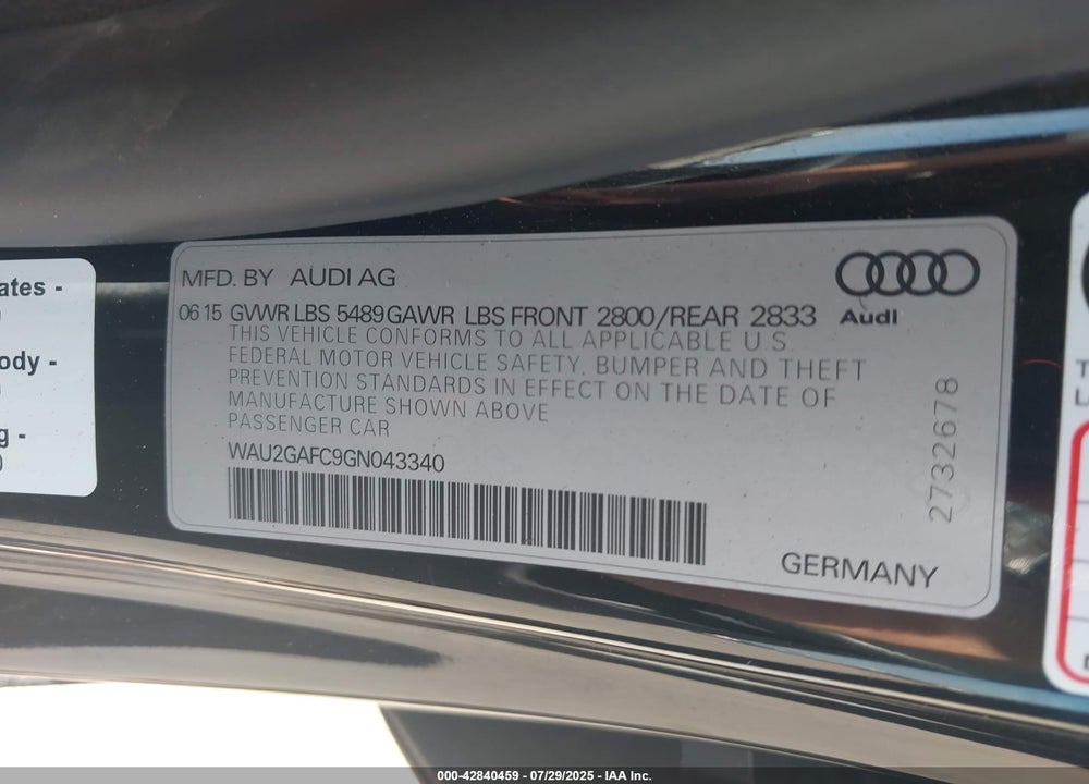 2016 AUDI A7 VIN: WAU2GAFC9GN043340
