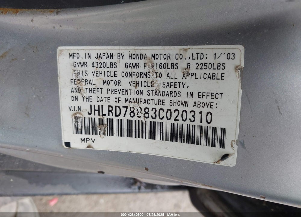 2003 HONDA CR-V VIN: JHLRD78883C020310