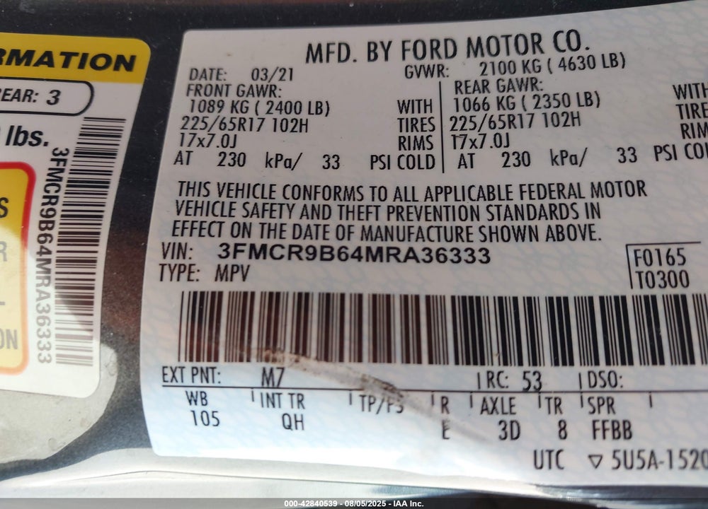 2021 FORD BRONCO SPORT VIN: 3FMCR9B64MRA36333