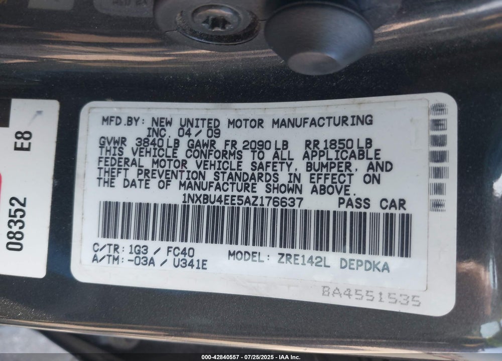 2010 TOYOTA COROLLA VIN: 1NXBU4EE5AZ176637