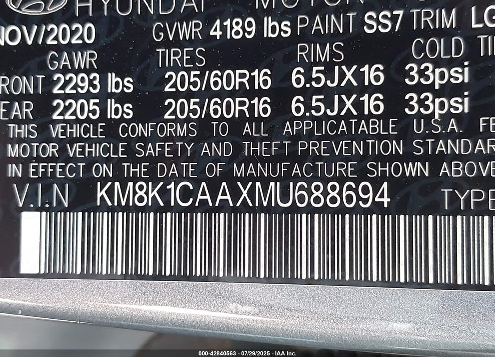 2021 HYUNDAI KONA SE VIN: KM8K1CAAXMU688694