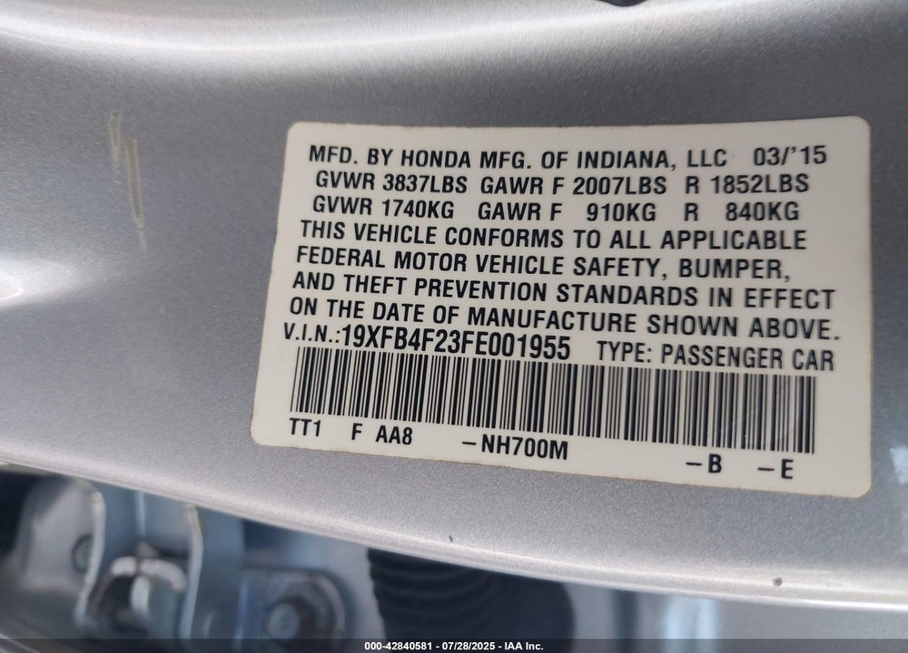 2015 HONDA CIVIC HYBRID VIN: 19XFB4F23FE001955