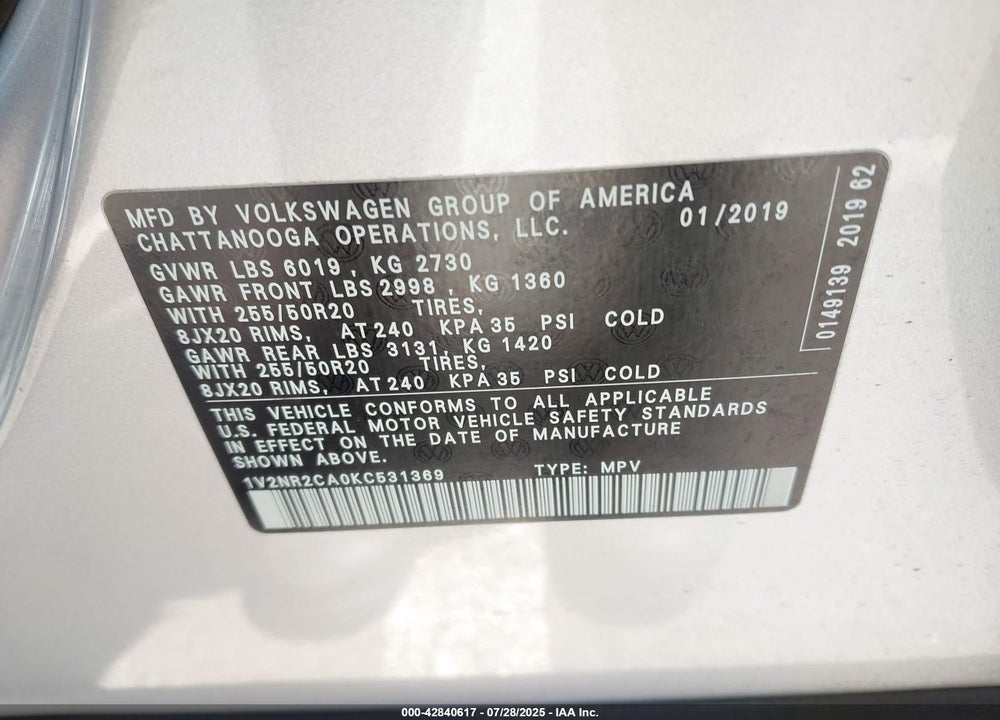 2019 VOLKSWAGEN ATLAS VIN: 1V2NR2CA0KC531369