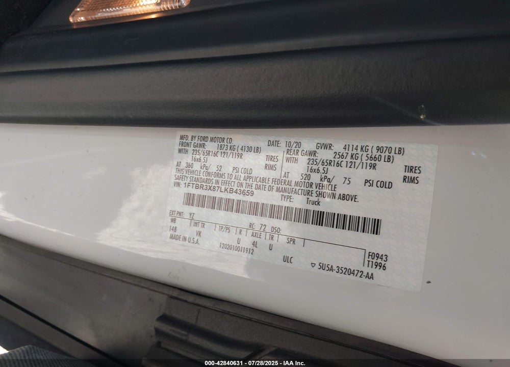 2020 FORD TRANSIT-250 CARGO VAN VIN: 1FTBR3X87LKB43659