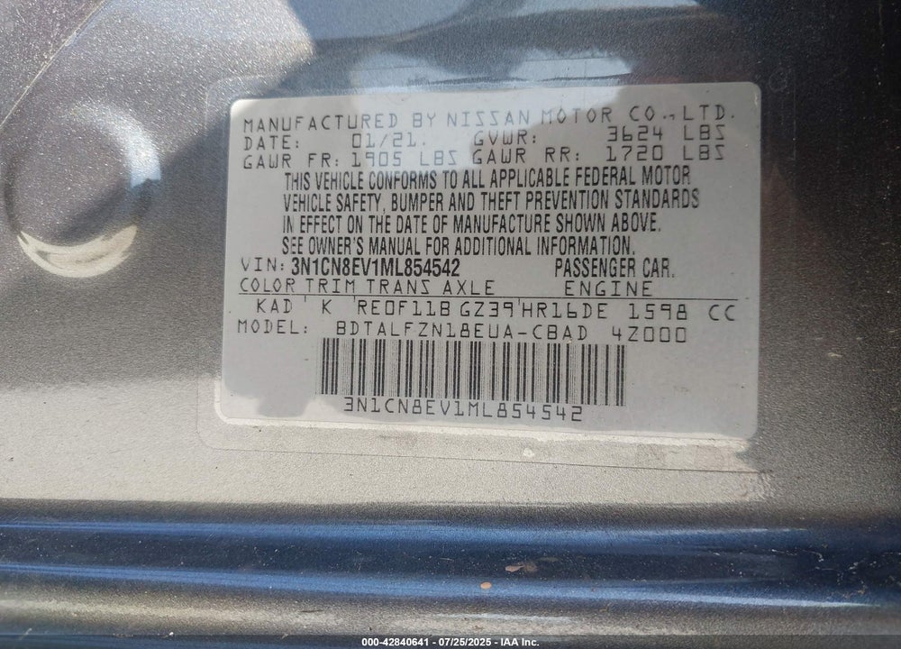 2021 NISSAN VERSA VIN: 3N1CN8EV1ML854542