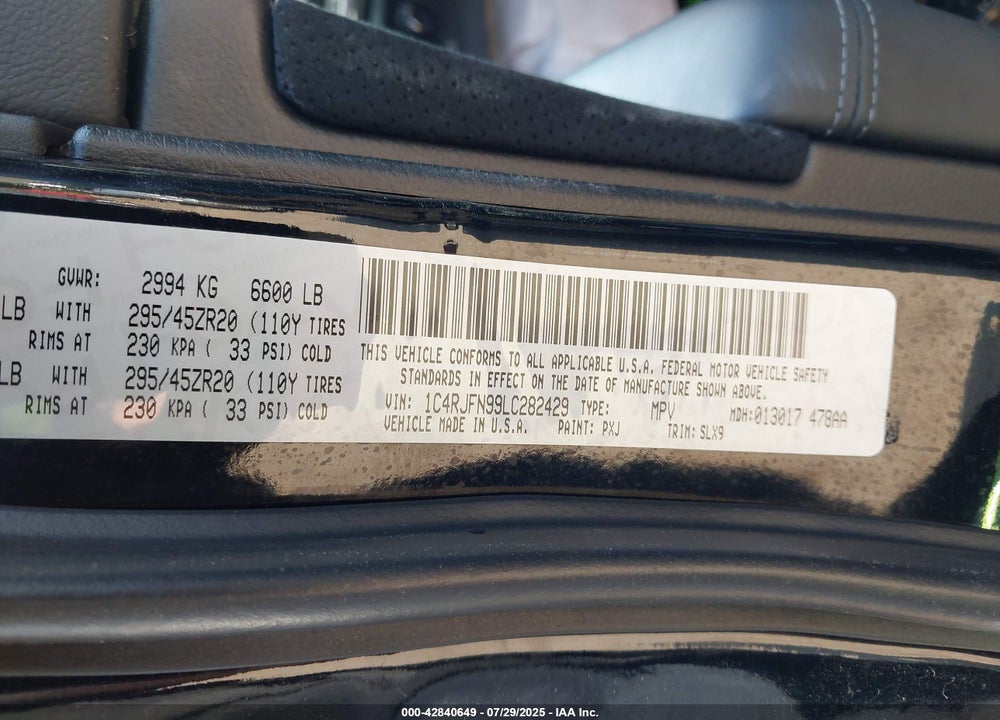 2020 JEEP GRAND CHEROKEE TRACKHAWK 4X4 VIN: 1C4RJFN99LC282429