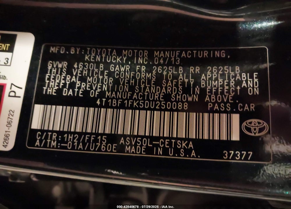 2013 TOYOTA CAMRY SE VIN: 4T1BF1FK5DU250088
