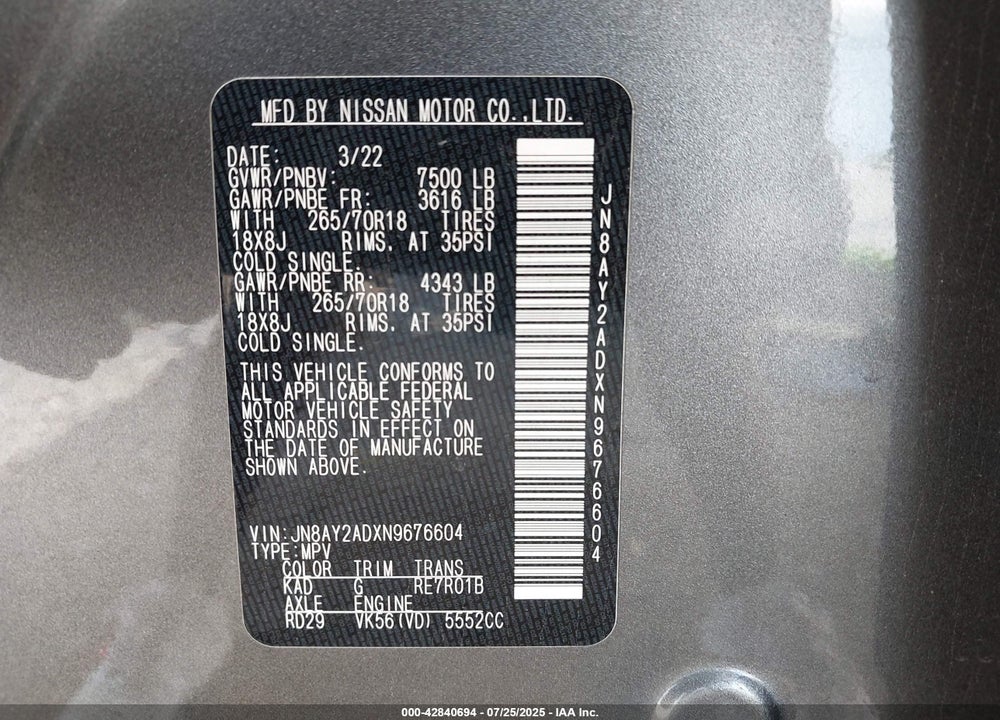 2022 NISSAN ARMADA SV 4WD VIN: JN8AY2ADXN9676604