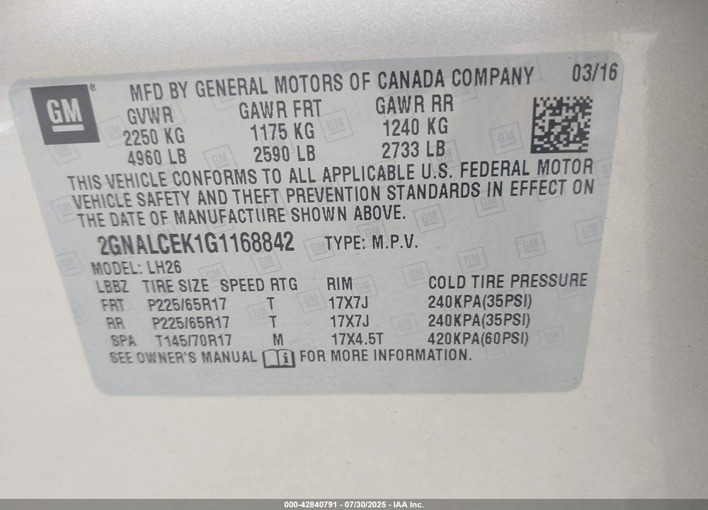 2016 CHEVROLET EQUINOX VIN: 2GNALCEK1G1168842