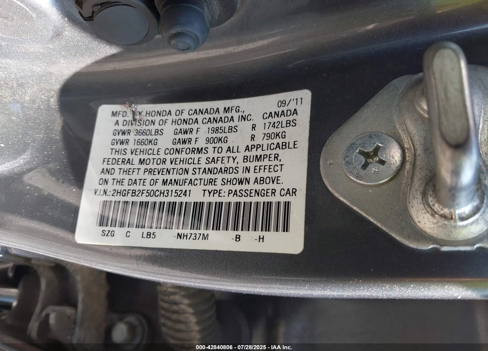 2012 HONDA CIVIC VIN: 2HGFB2F50CH315241