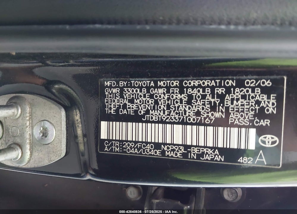 2007 TOYOTA YARIS VIN: JTDBT923371007167
