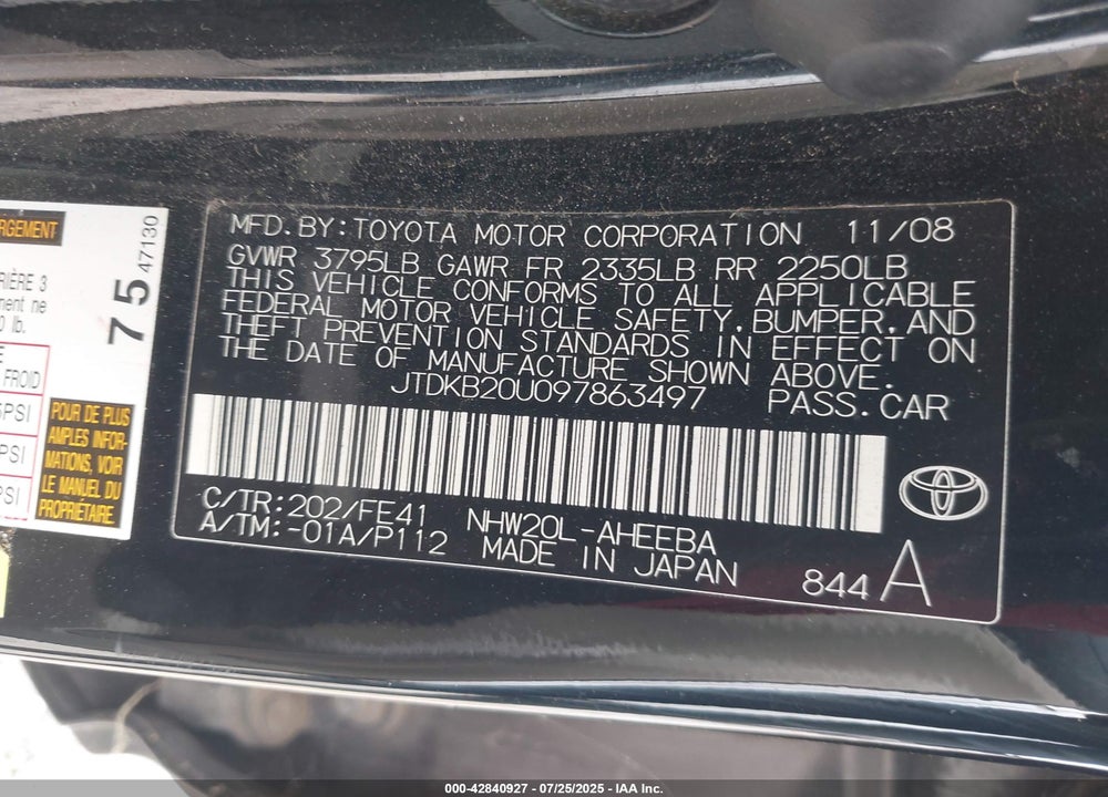 2009 TOYOTA PRIUS VIN: JTDKB20U097863497