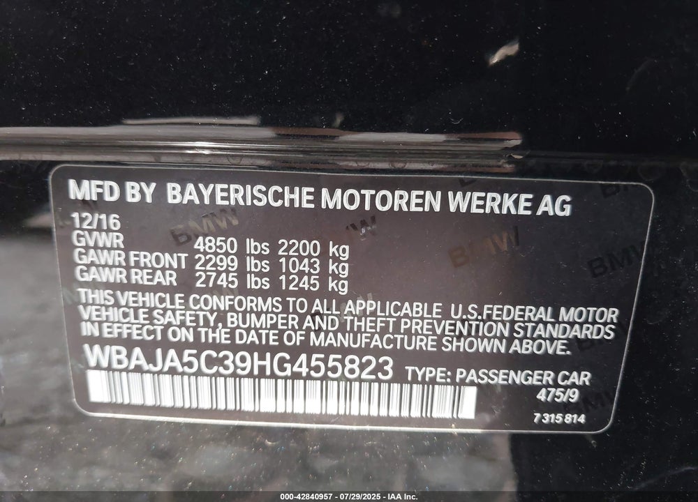 2017 BMW 5 SERIES VIN: WBAJA5C39HG455823