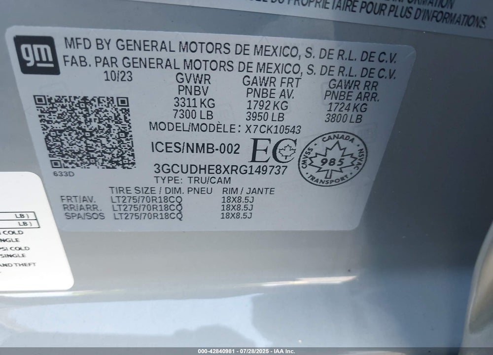 2024 CHEVROLET SILVERADO 1500 4WD SHORT BED ZR2 VIN: 3GCUDHE8XRG149737