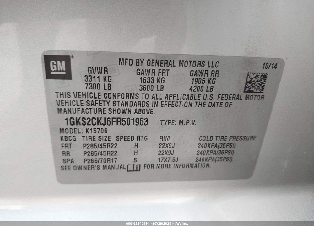 2015 GMC YUKON VIN: 1GKS2CKJ6FR501963