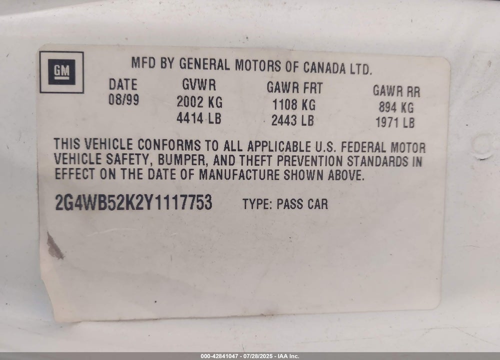 2000 BUICK REGAL VIN: 2G4WB52K2Y1117753