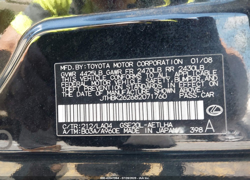 2008 LEXUS IS 250 VIN: JTHBK262682071760