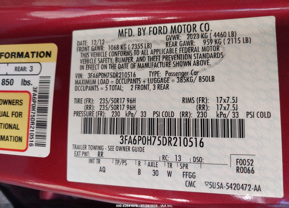 2013 FORD FUSION VIN: 3FA6P0H75DR210516