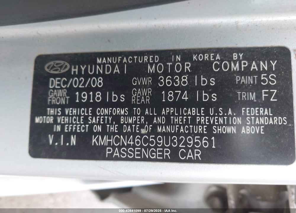 2009 HYUNDAI ACCENT VIN: KMHCN46C59U329561