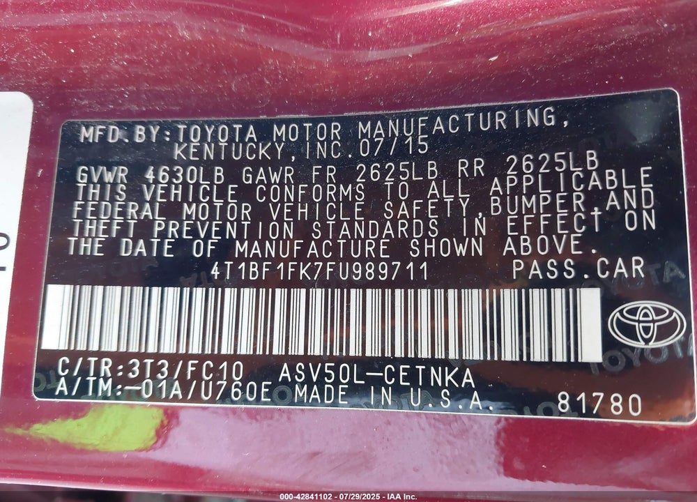 2015 TOYOTA CAMRY VIN: 4T1BF1FK7FU989711
