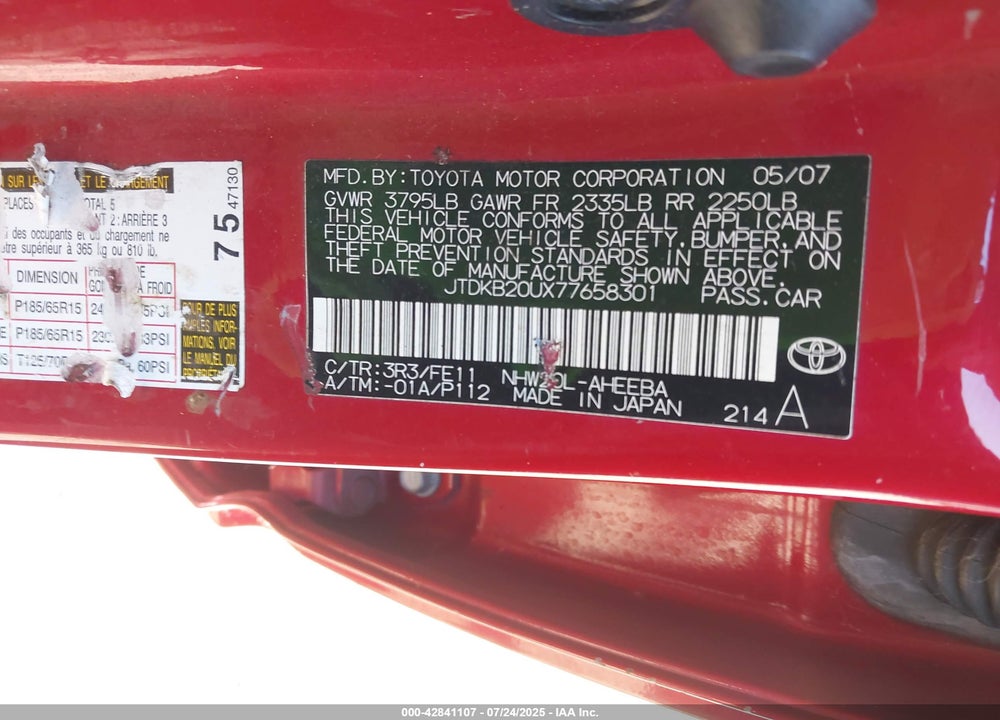 2007 TOYOTA PRIUS VIN: JTDKB20UX77658301