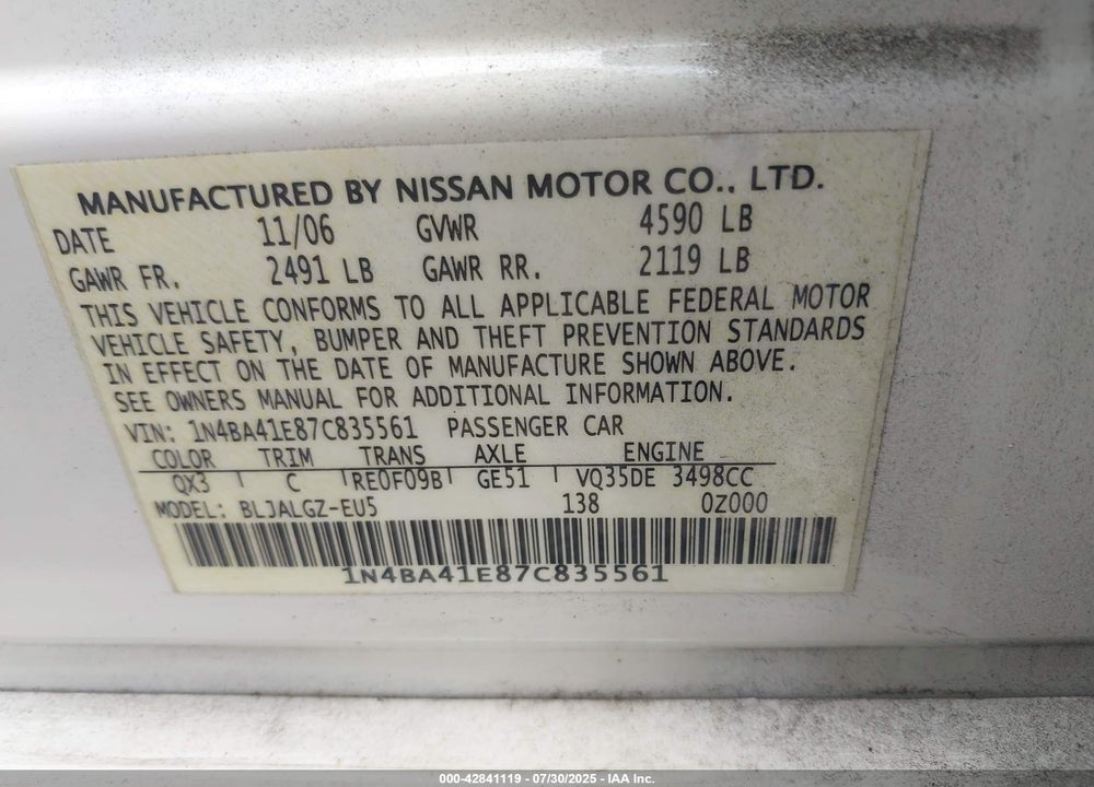 2007 NISSAN MAXIMA VIN: 1N4BA41E87C835561