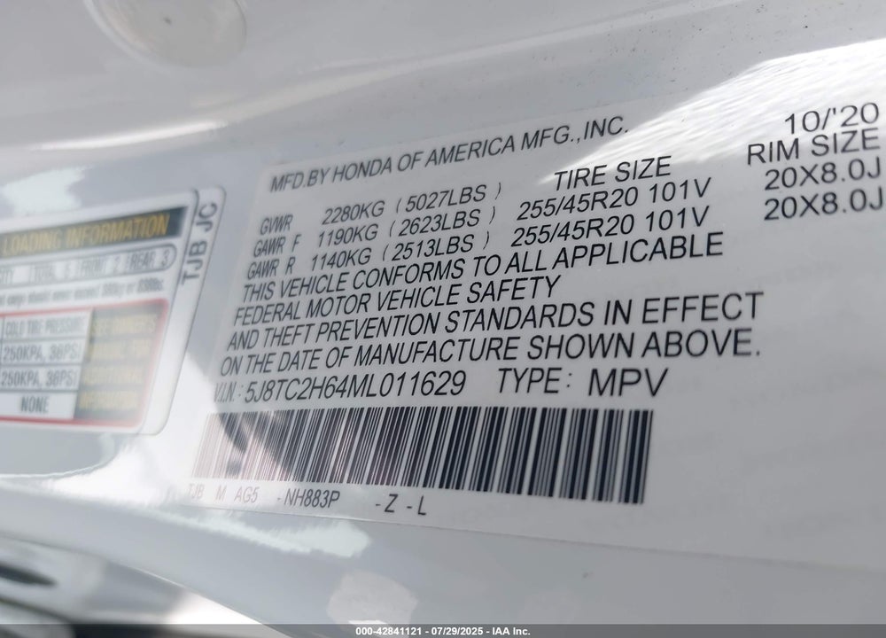 2021 ACURA RDX VIN: 5J8TC2H64ML011629