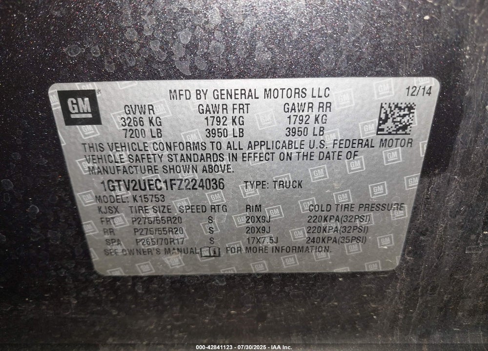 2015 GMC SIERRA 1500 VIN: 1GTV2UEC1FZ224036