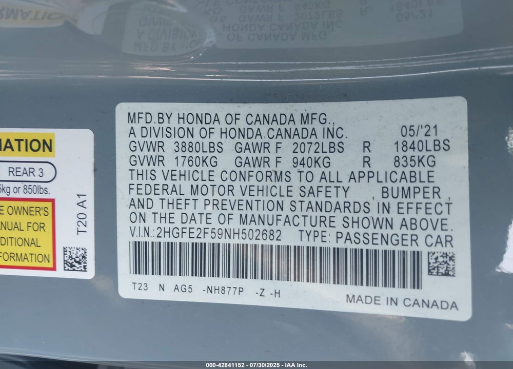 2022 HONDA CIVIC VIN: 2HGFE2F59NH502682