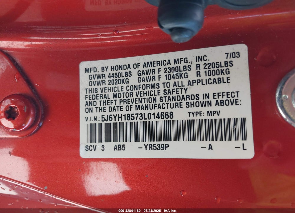 2003 HONDA ELEMENT EX VIN: 5J6YH18573L014668