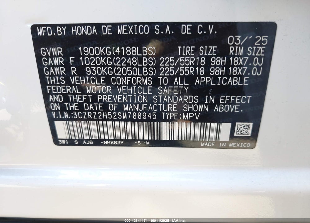 2025 HONDA HR-V VIN: 3CZRZ2H52SM788945