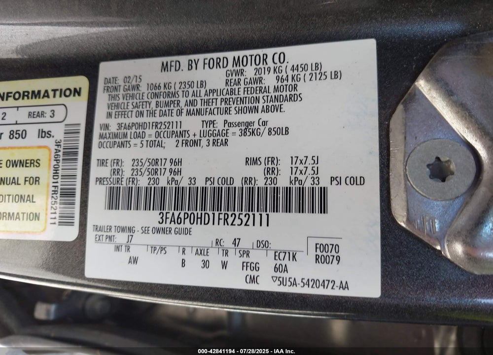 2015 FORD FUSION VIN: 3FA6P0HD1FR252111