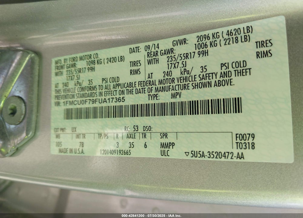 2015 FORD ESCAPE VIN: 1FMCU0F79FUA17365