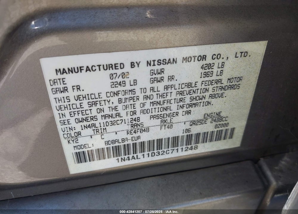 2002 NISSAN ALTIMA 2.5 S VIN: 1N4AL11D32C711248