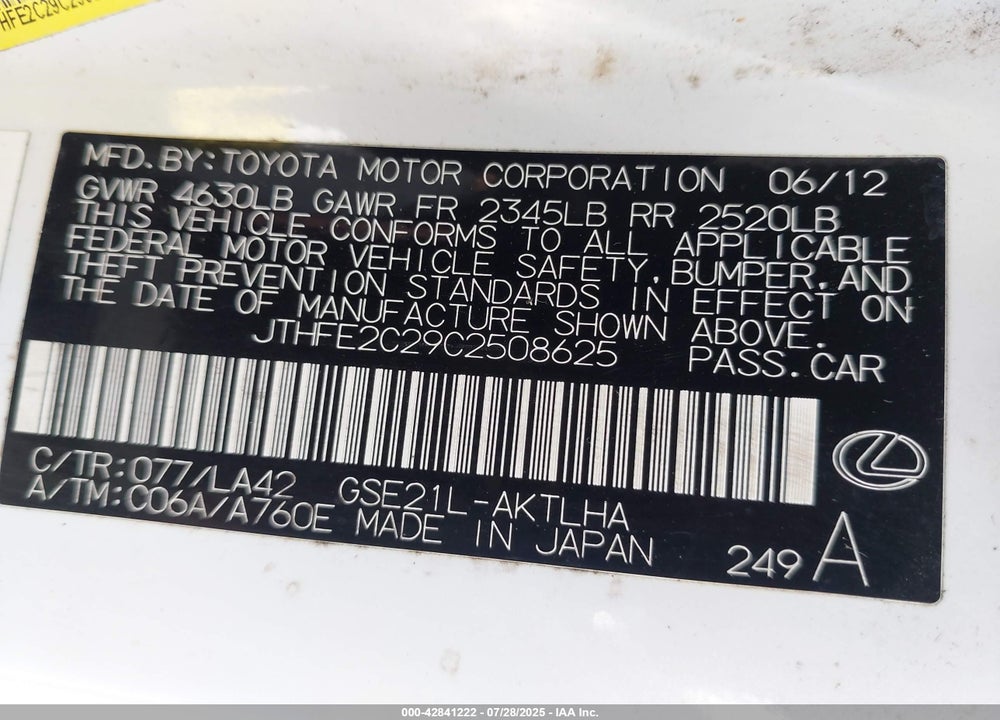 2012 LEXUS IS 350C VIN: JTHFE2C29C2508625